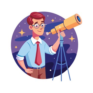 Teleskop ve teleskop tutan genç adam.