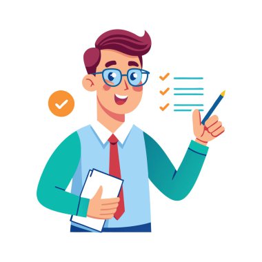 Pano ve kalemle çalışan iş adamı.