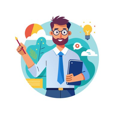 Bilgisayarı ve kalemi olan bir iş adamı.