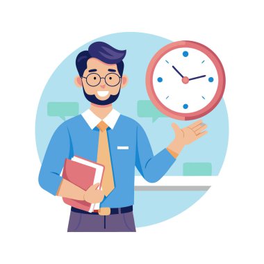 Saat ve ofis saati vektör illüstrasyon tasarımına sahip iş adamı
