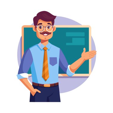 Gözlüklü ve tahtalı mutlu öğretmen.