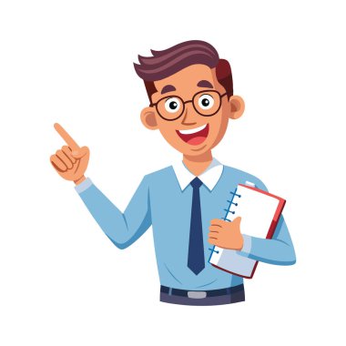 Mutlu iş adamı işaret veriyor ve gülümsüyor. izole düz çizgi film çizimi