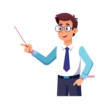 Çizgi film işadamı elinde kalem tutup parmağını işaret ediyor. düz tasarım çizimi beyaz arkaplanda izole edildi