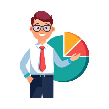 Pasta grafiği ve iş istatistikleri vektör illüstrasyon tasarımına sahip iş adamı