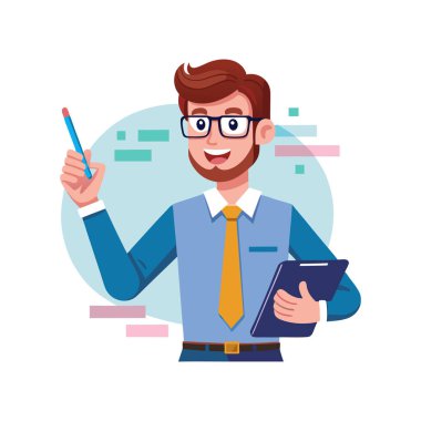 Elinde kalem ve pano tutan sakallı bir adam.