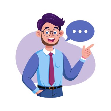 Elinde konuşma balonu tutan sakallı ve gözlüklü bir adam.