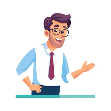 Kravatlı ve gözlüklü bir adam bir şeyi işaret ediyor.