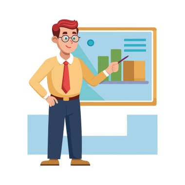 Kravat ve gözlüklü bir adam tahtayı işaret ediyor.