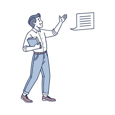 Genç adam belgeleri okuyor ve parmakla işaret ediyor..