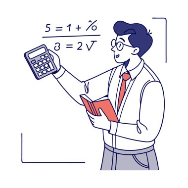 Hesap makinesi ve kalemi olan çizgi film adamı.