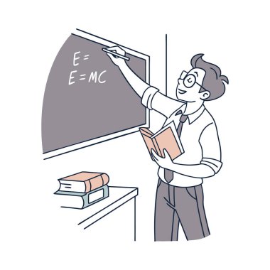 Tahtası ve tahtası olan bir çizgi film öğretmeni.