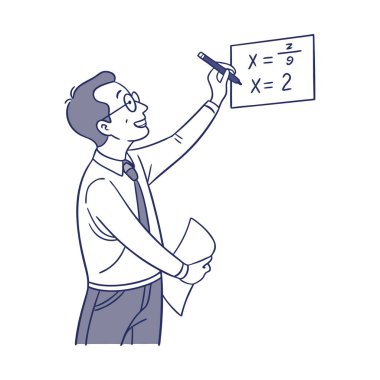 Okul takımlı bir öğretmen ve gözlüklü bir tahta tutuyor..