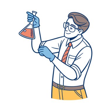 Erkek bilim adamı deney tüpü ve kimyasal sıvı tutuyor.