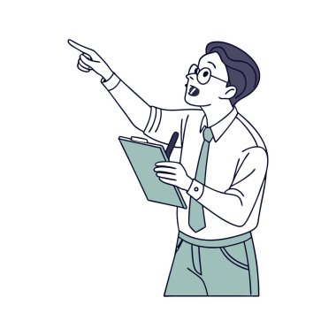 Gözlüklü, kalemli, takım elbiseli adam yukarı bakıyor.