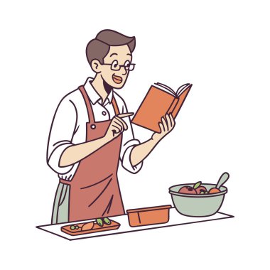 Mutlu erkek yemekleri, tepsisi ve kitabı olan adam. vektör düz çizim çizgi film biçimi