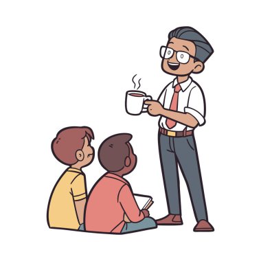 Baba oğul sıcak kahve içiyor.