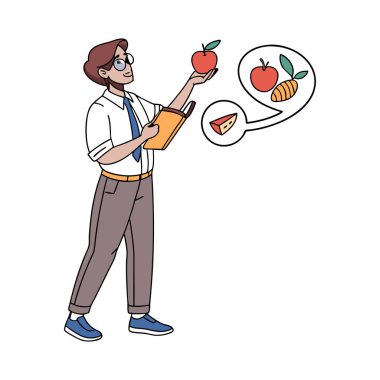 Elma ve kalem okuyan bir adam.