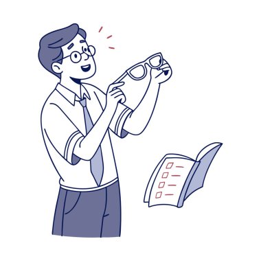 Genç adam kitap okuyor ve sabahları kahve içiyor. El çizimi karalama vektör çizimi. beyaz arkaplanda izole.