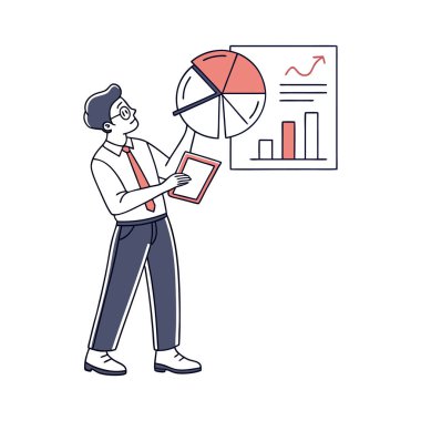 Adamın elinde büyük bir veri tablosu ve büyük bir grafik var.
