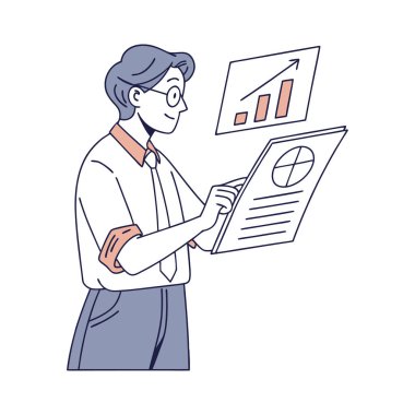 Beyaz arkaplanda belge ve hesap makinesi olan adam