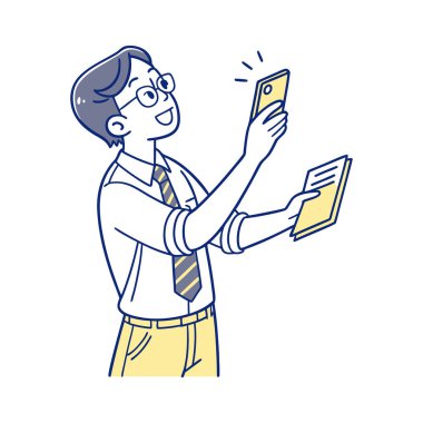 Akıllı telefon ve gözlüklü genç işadamı vektör çizim grafik tasarımı