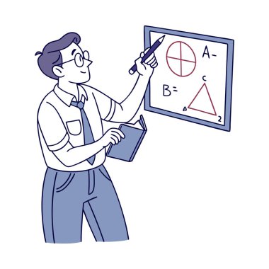 Öğretmen elinde kalem, kağıda çizim yapıyor.