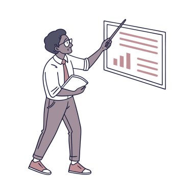 Elinde gözlüklü ve dizüstü bilgisayarlı bir iş adamı, vektör çizimi.