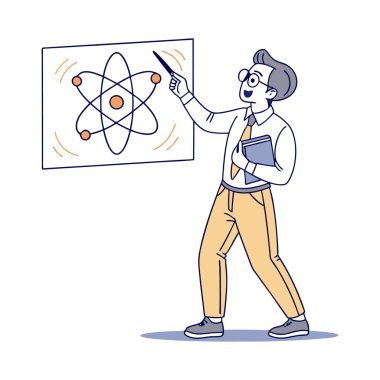 karikatür bilim adamı atomu tutuyor