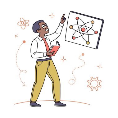 Atom ve atom tutan iş adamı. Çizgi film tarzında vektör illüstrasyonu