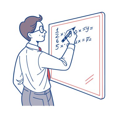 Beyaz takım elbiseli bir öğretmeni olan genç bir adam. vektör illüstrasyonu