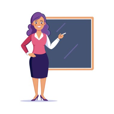 Sınıfta tahtası olan mutlu bir öğretmen.