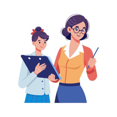 Arka planda öğretmeni olan genç bir kadın.