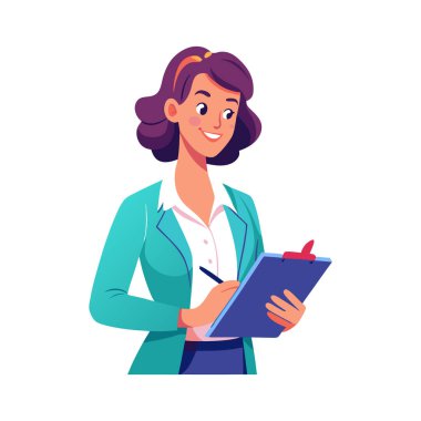 Okul üniformalı bir bayan öğretmen.