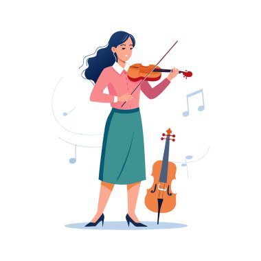 Keman ve yay vektör illüstrasyon tasarımlı kadın sanatçı