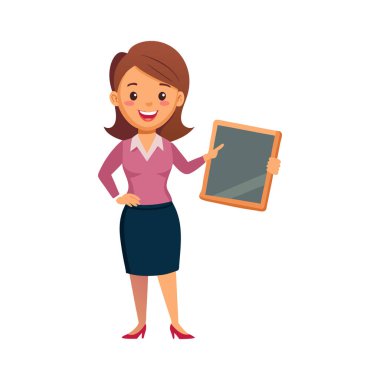 Pano karikatür vektör grafik tasarımı illüstrasyonlu tablet bilgisayar kullanan genç mutlu kadın