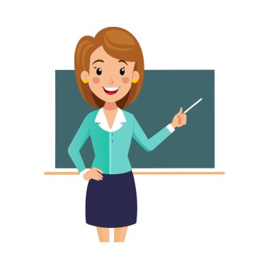 Sınıfta tahtası olan genç bir öğretmen.