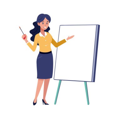 Kara tahtası ve panosu olan kadın.