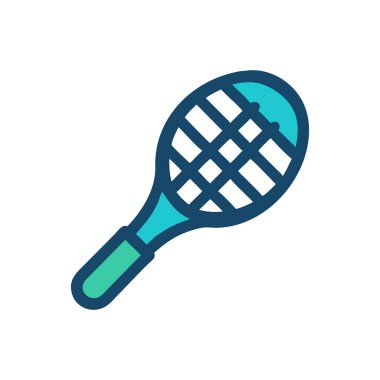 Beyaz arka planda izole edilmiş tenis ikonu için mavi raket ve top. vektör illüstrasyonu
