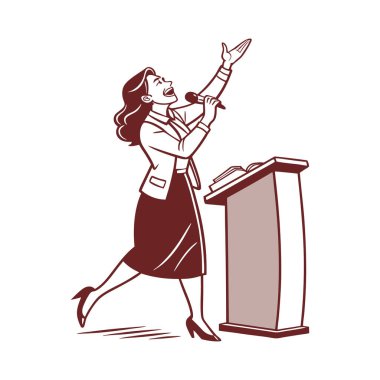 Elinde mikrofon olan iş kadını, çizim vektörü çizimi.