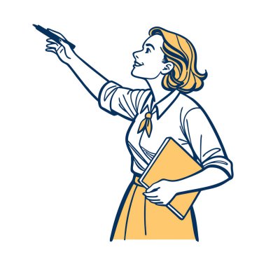 Mavi üniformalı bir bayan öğretmenin vektör çizimi.