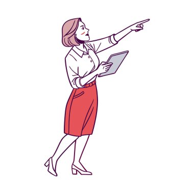 Beyaz arka planda duran ve gülümseyen iş kadını