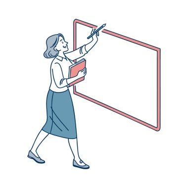 Kadın öğretmen elinde kalem, tahtaya yazı yazıyor..