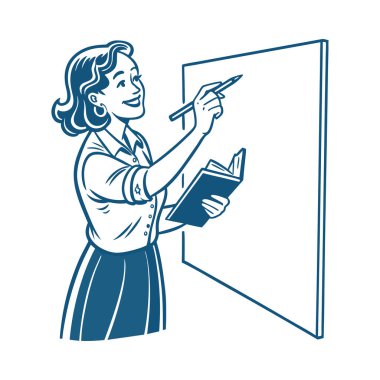 Kara tahtası ve kitabı olan kadın öğretmen.