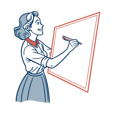 Kadın öğretmen beyaz üzerine izole edilmiş bir karatahta vektör illüstrasyonu yazıyor.