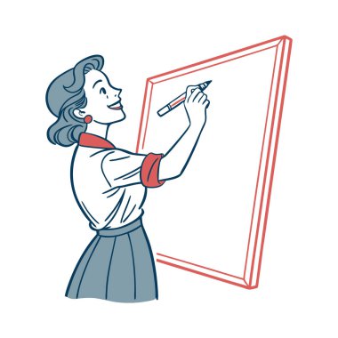 Okul üniforması ve tahtası olan kadın öğretmen.