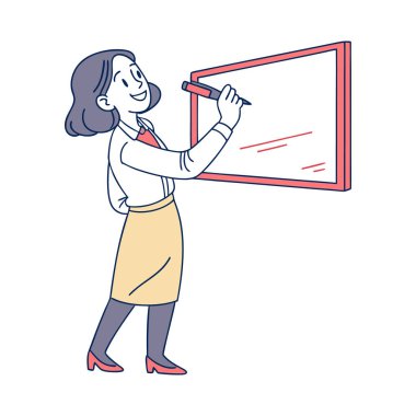 Okulda elinde kalem olan genç bir öğretmen.