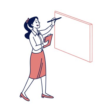 Beyaz arkaplanda kalem yazan iş kadını