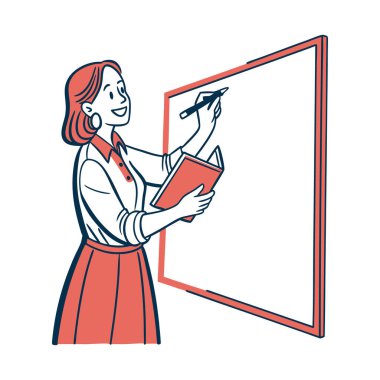 Sınıftaki bayan öğretmen. Beyaz arkaplanda izole edilmiş vektör illüstrasyonu.