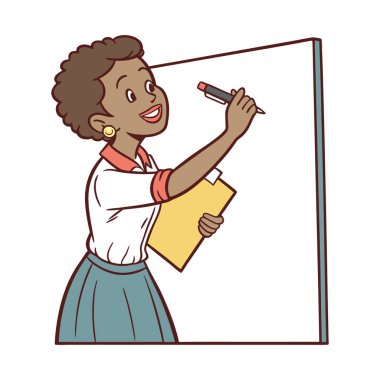 Bayan öğretmen boş bir tahta yazıyor. karikatür vektör çizimi izole edildi.