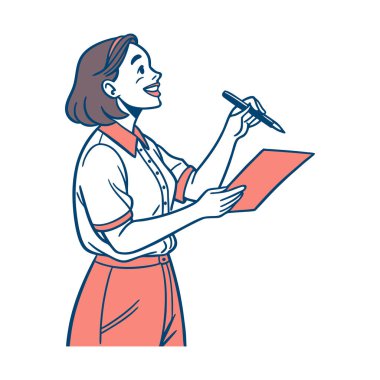 Defter vektör illüstrasyonunda kalem yazan kadın